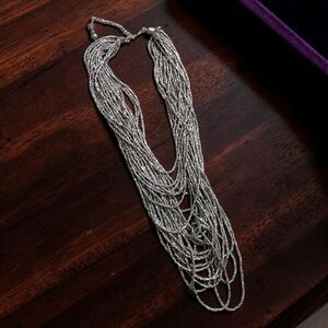 Vintage Multi Strand Silver Seed Bead Necklace, Boho Festival Jewelry